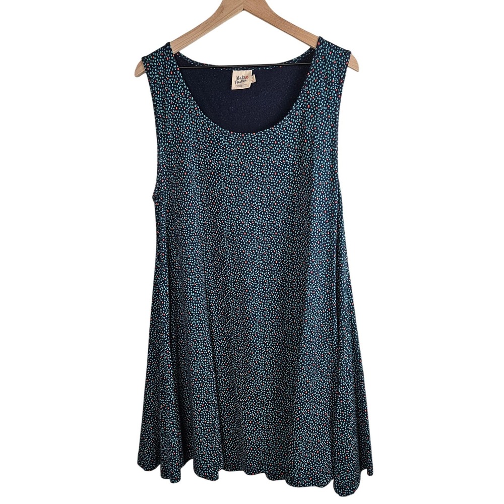 Mata Traders Jersey Knit Swing Tank Dress Tunic XL Navy Teal Blue Dot - Flaw